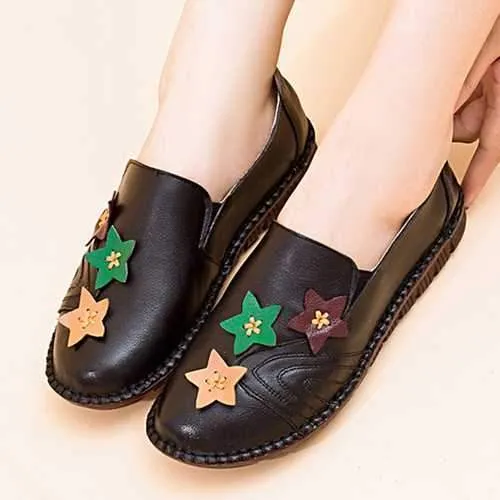 Casual Soft Star Flat Leather Loafers For Women