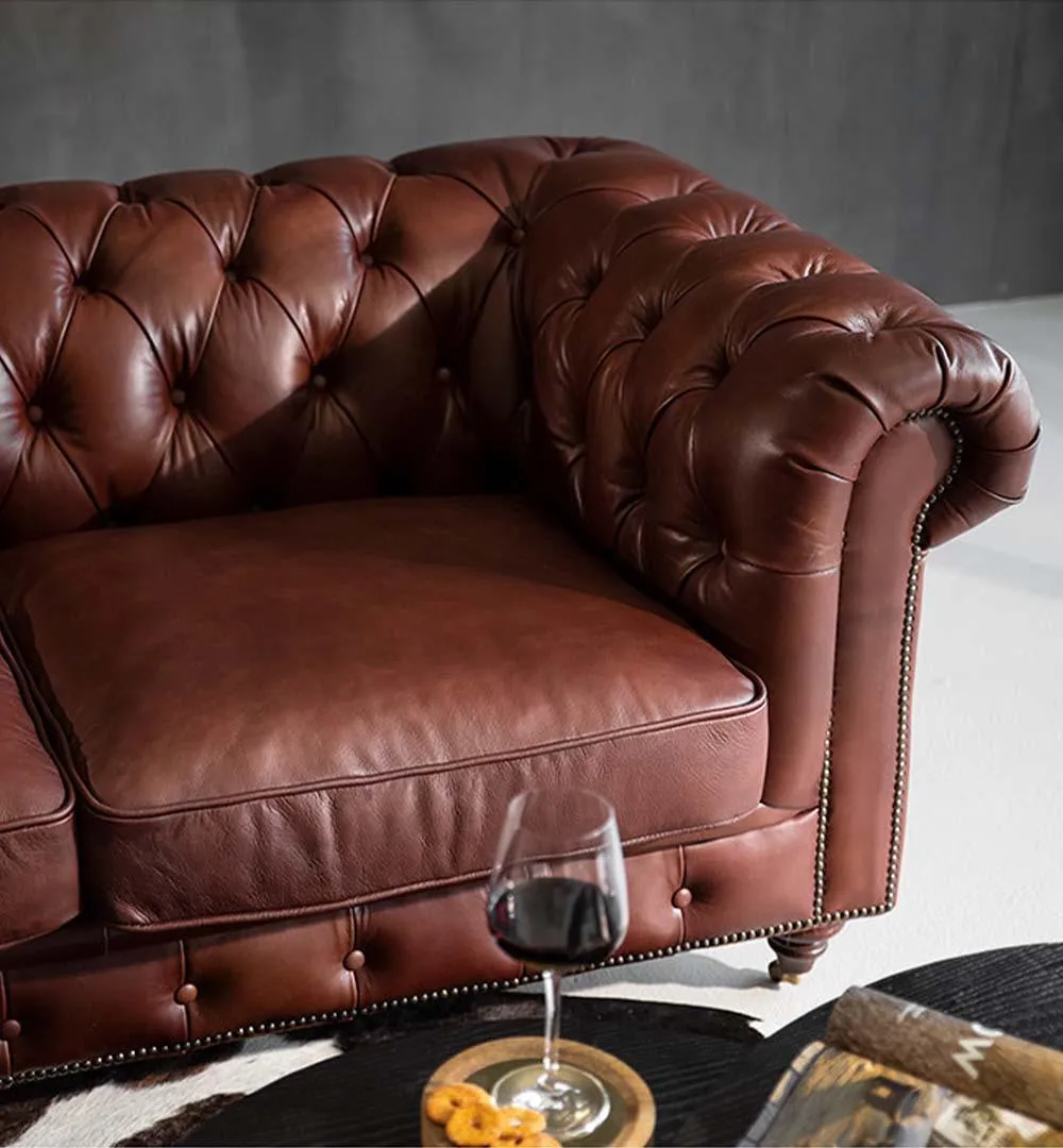 Figure It Out Chesterfield Brown Genuine Leather Sofa 4pc set