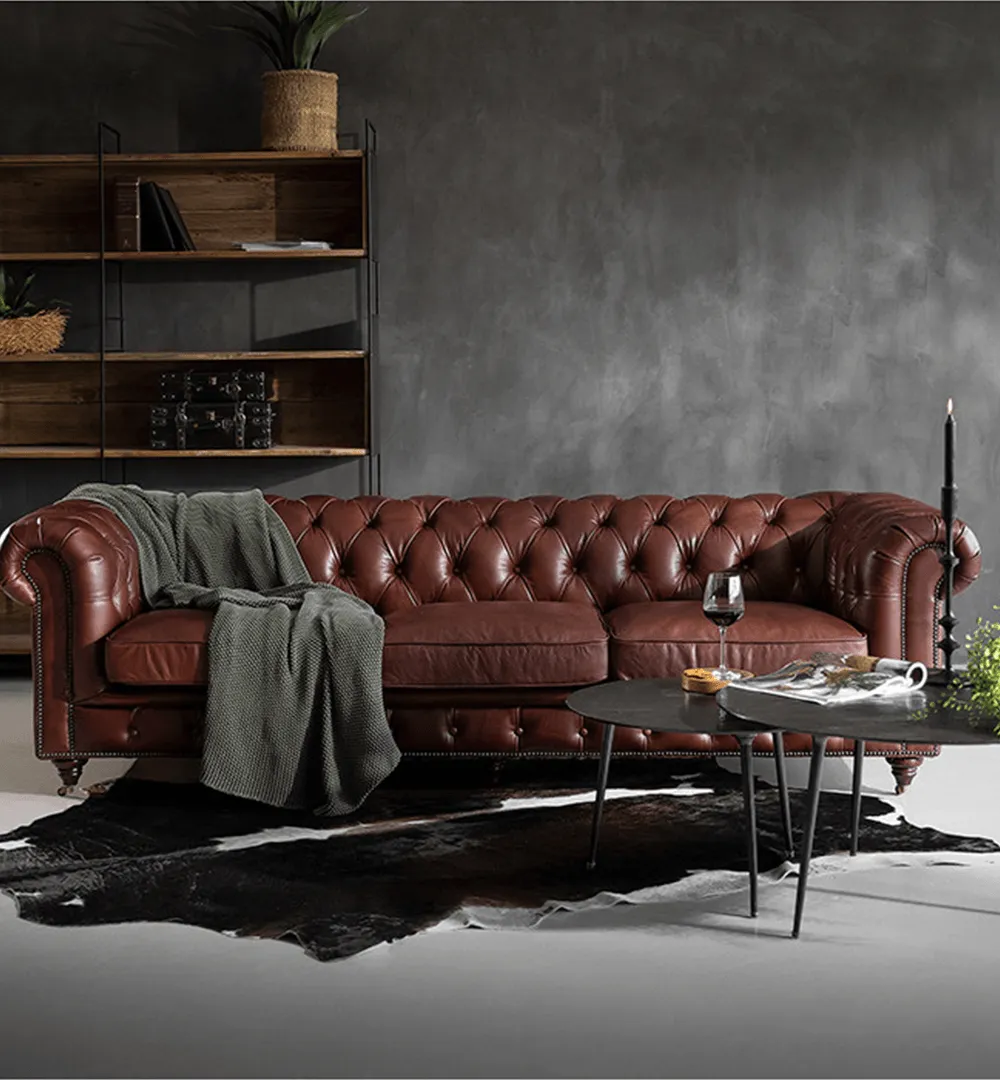 Figure It Out Chesterfield Brown Genuine Leather Sofa 4pc set