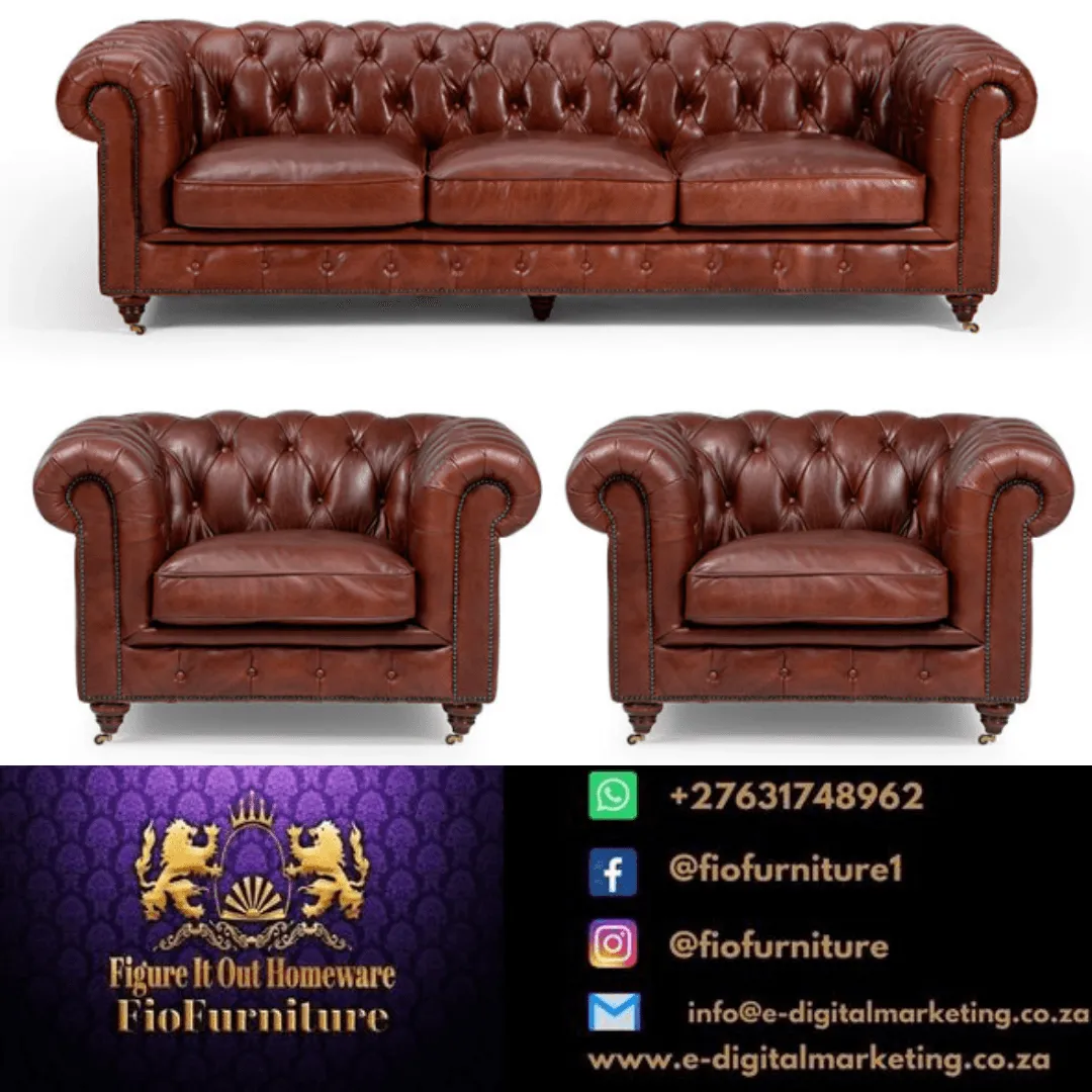 Figure It Out Chesterfield Brown Genuine Leather Sofa 4pc set