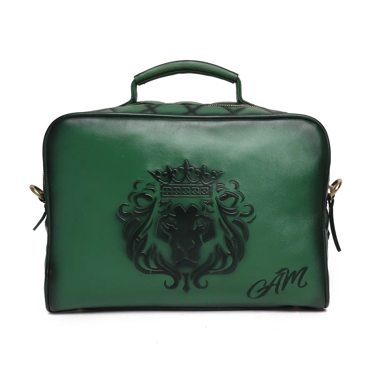 Handcrafted Green Diamond Stitched Leather Kit bag with Sling Strap by BRUNE & BARESKIN