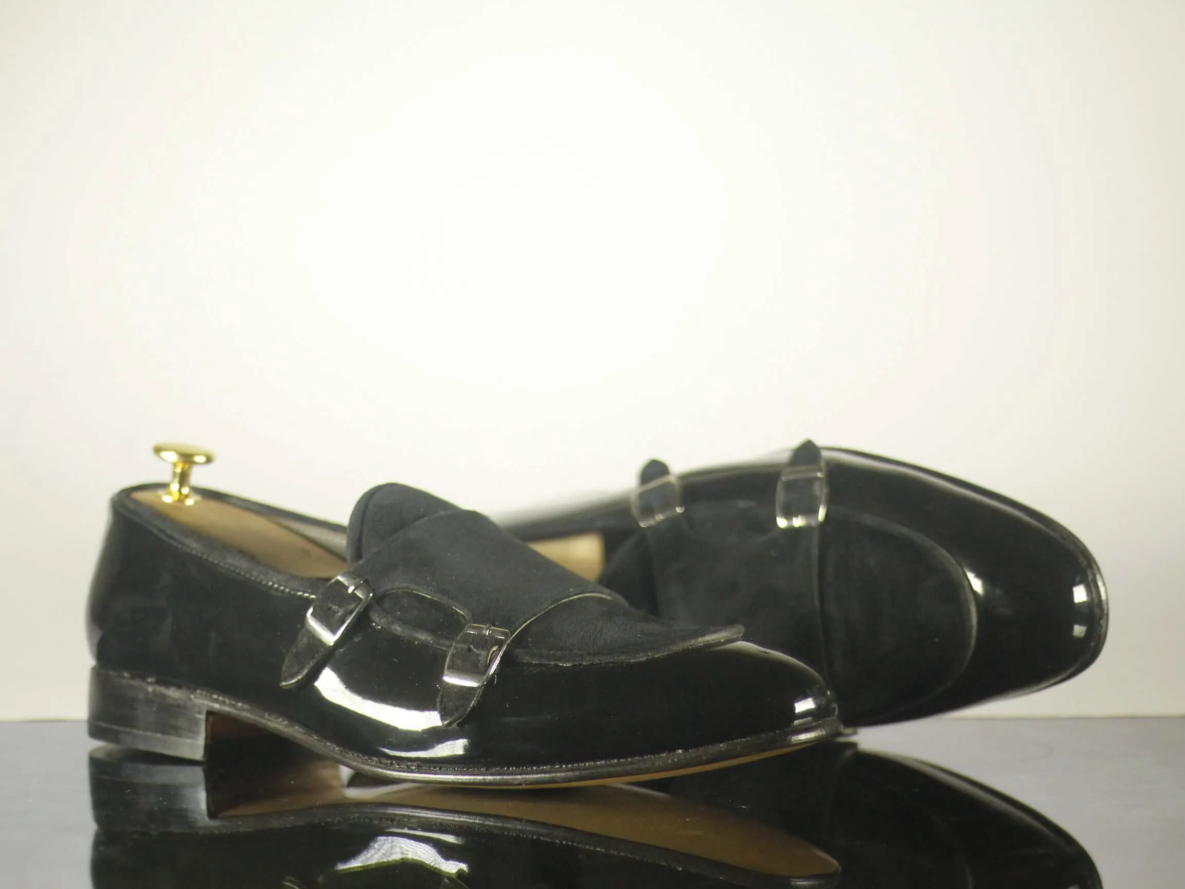 Handmade Men's Black Patent Leather Suede Double Buckle Shoes, Men Designer Dress Formal Luxury Shoes