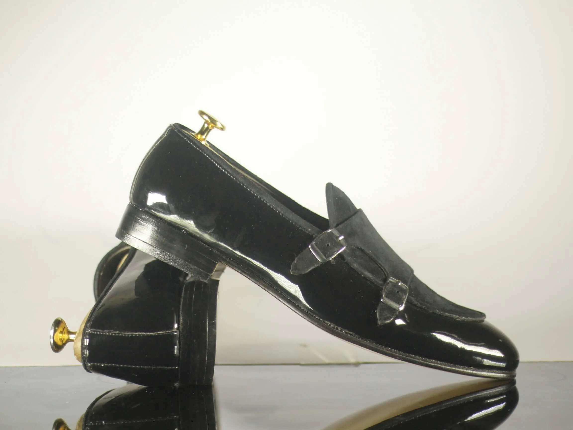 Handmade Men's Black Patent Leather Suede Double Buckle Shoes, Men Designer Dress Formal Luxury Shoes