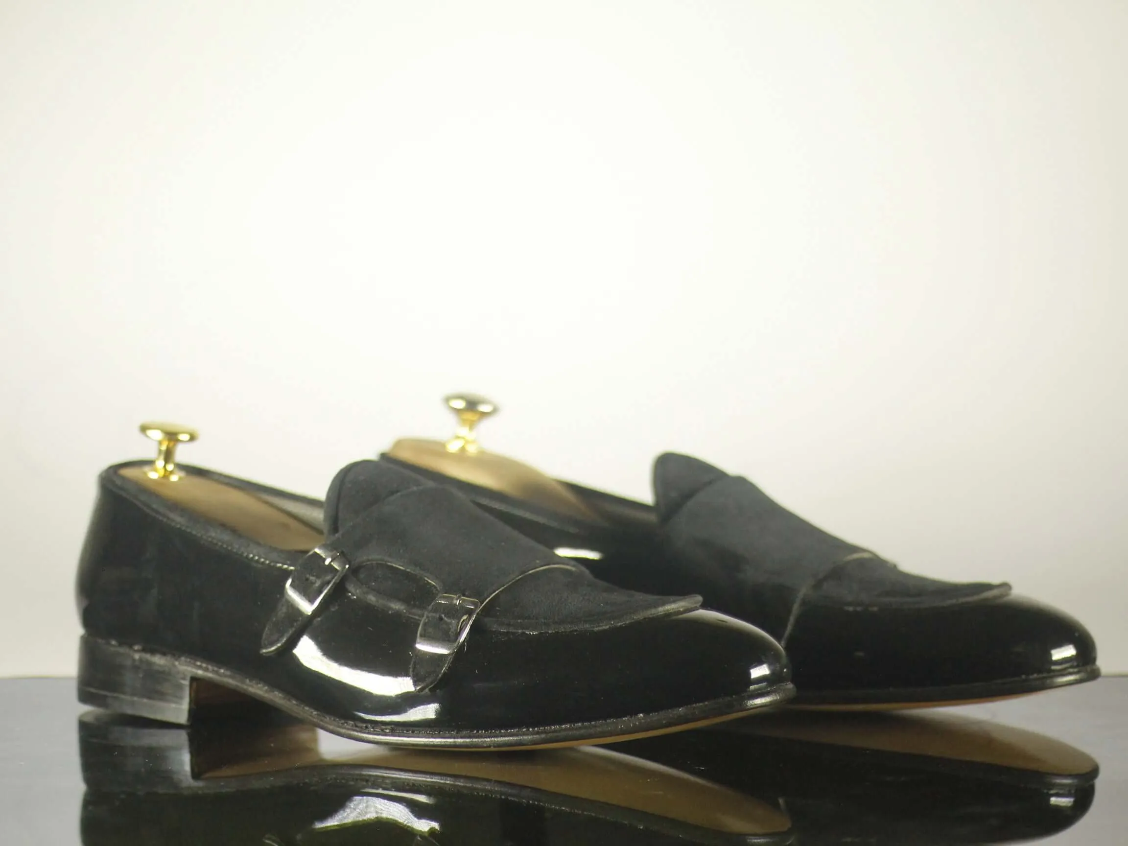 Handmade Men's Black Patent Leather Suede Double Buckle Shoes, Men Designer Dress Formal Luxury Shoes