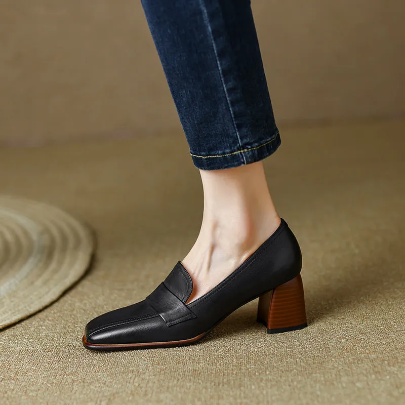 Inga Black Square Toe Block Heeled Loafers