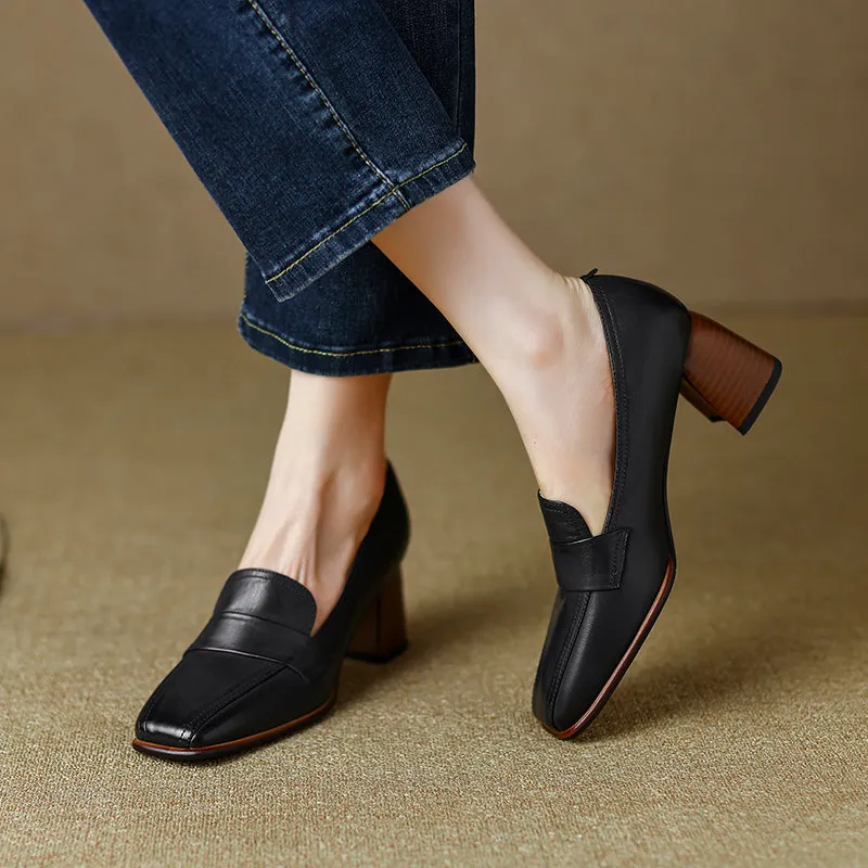 Inga Black Square Toe Block Heeled Loafers