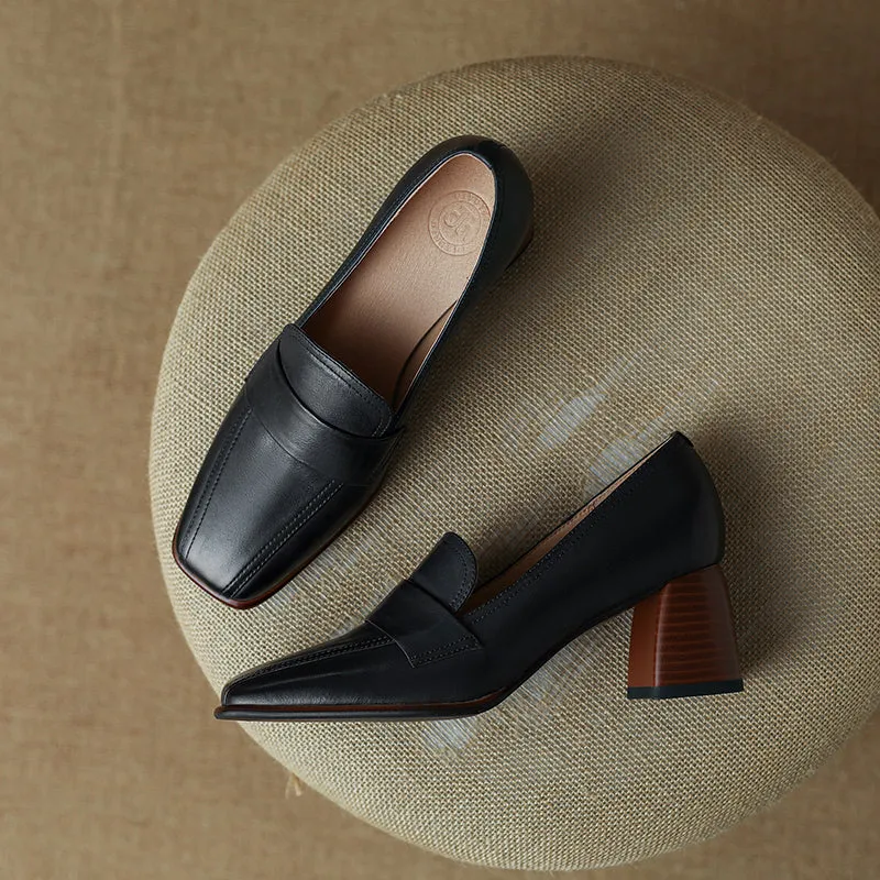 Inga Black Square Toe Block Heeled Loafers