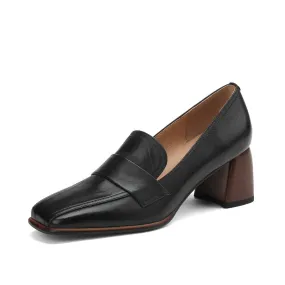 Inga Black Square Toe Block Heeled Loafers