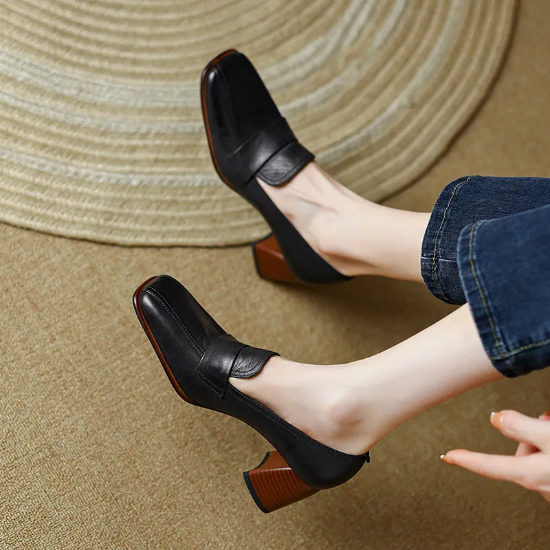 Inga Black Square Toe Block Heeled Loafers