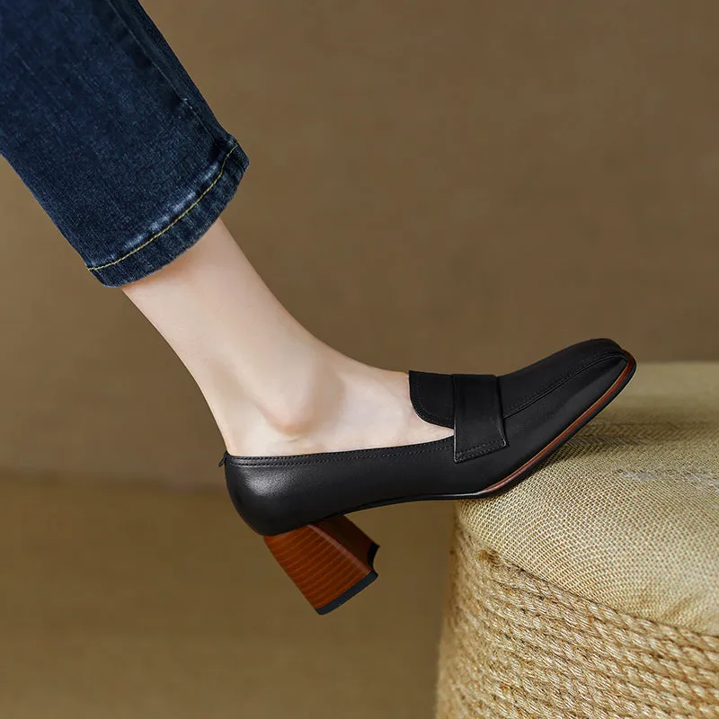 Inga Black Square Toe Block Heeled Loafers