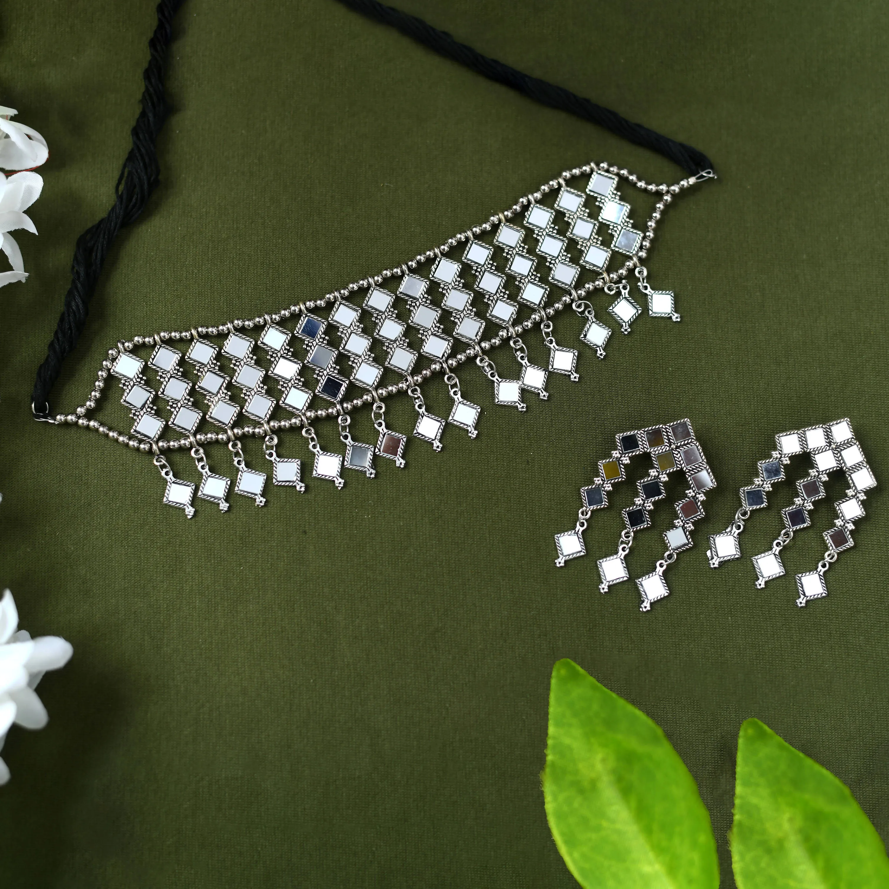 Kamal Johar Traditional design Mirror Necklace with Earrings Jkms_135