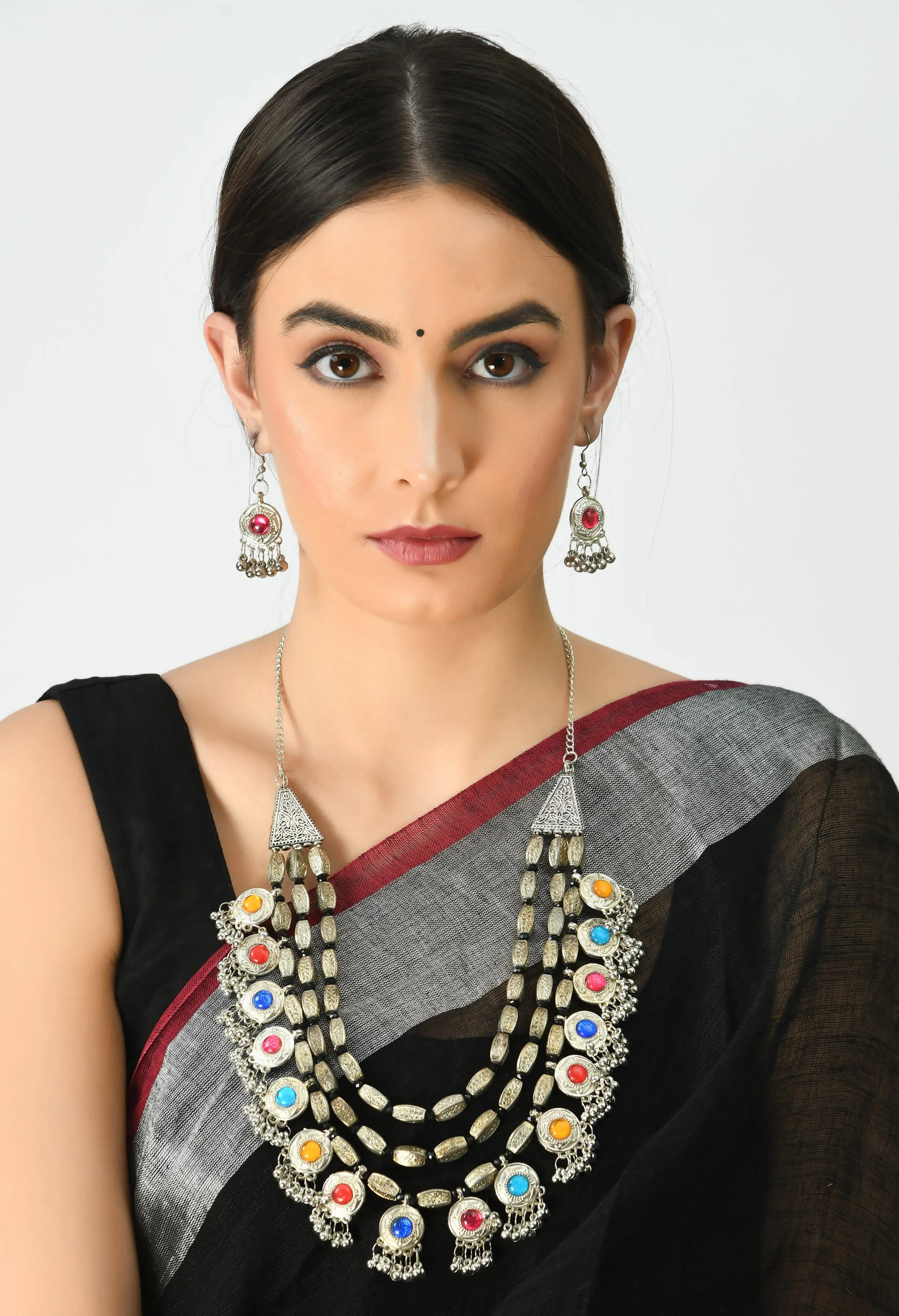 Kamal Johar Traditional Multi colour Stone Necklace with Earrings Jkms_120