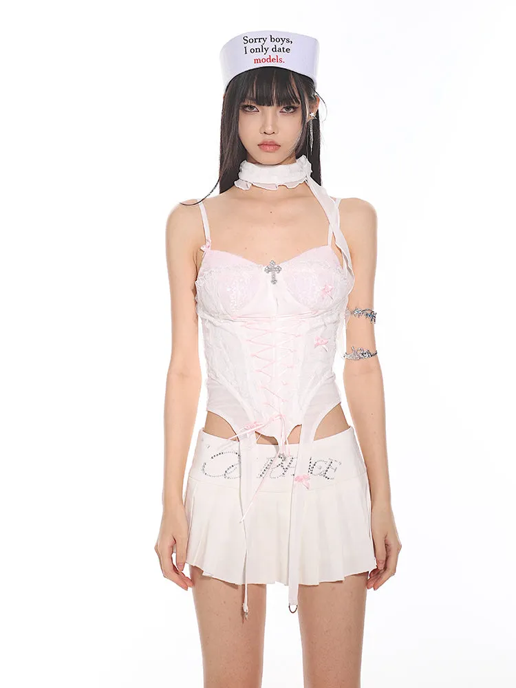 Lace-Up Corset Tank Top with Sheer Overlay