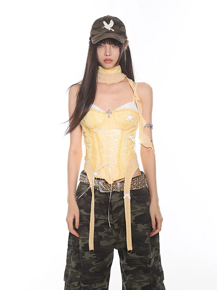 Lace-Up Corset Tank Top with Sheer Overlay