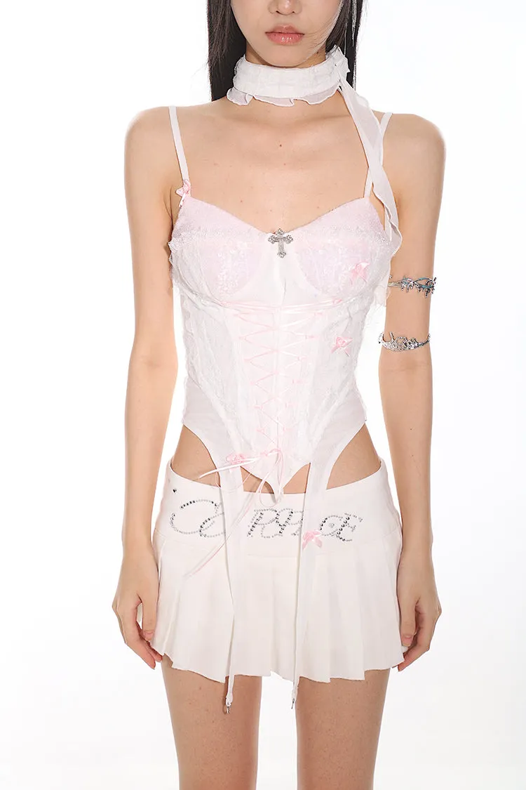 Lace-Up Corset Tank Top with Sheer Overlay