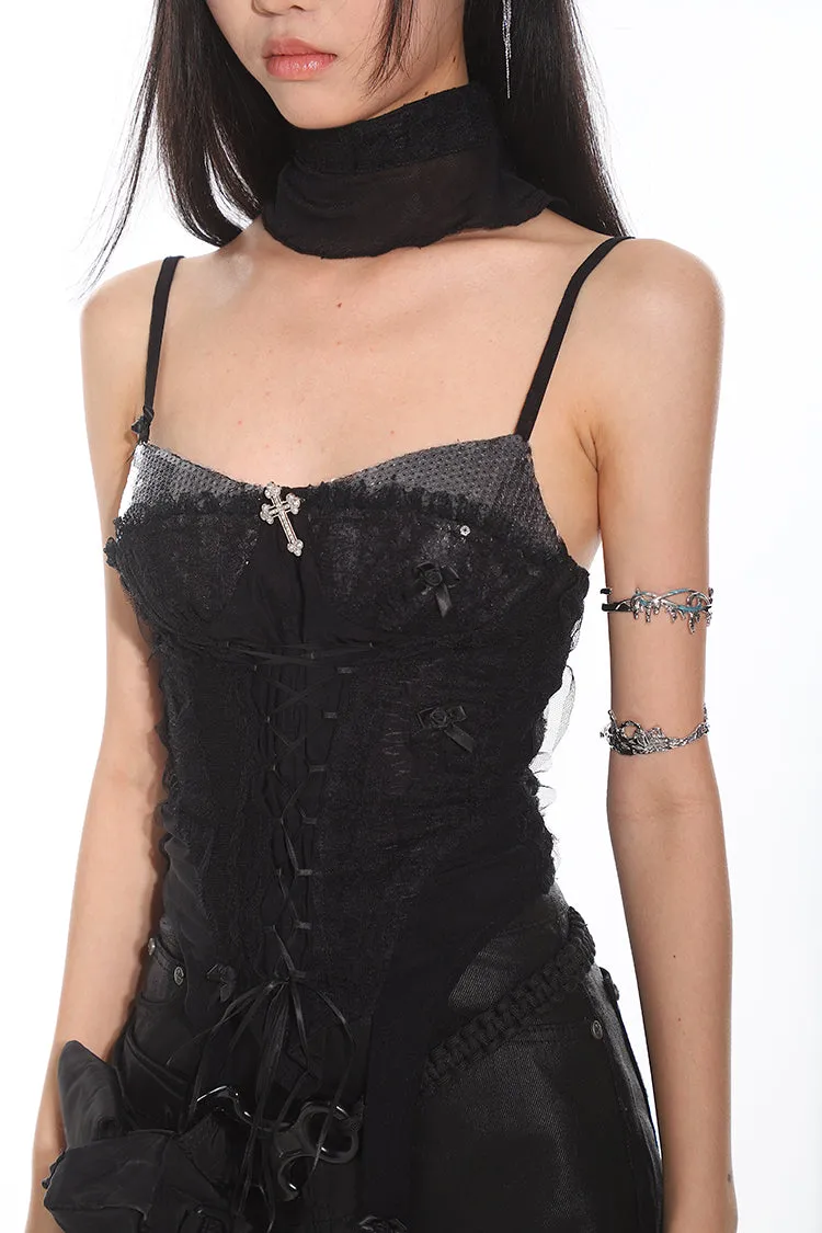 Lace-Up Corset Tank Top with Sheer Overlay