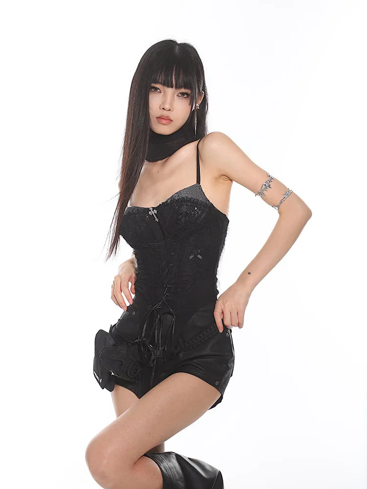 Lace-Up Corset Tank Top with Sheer Overlay