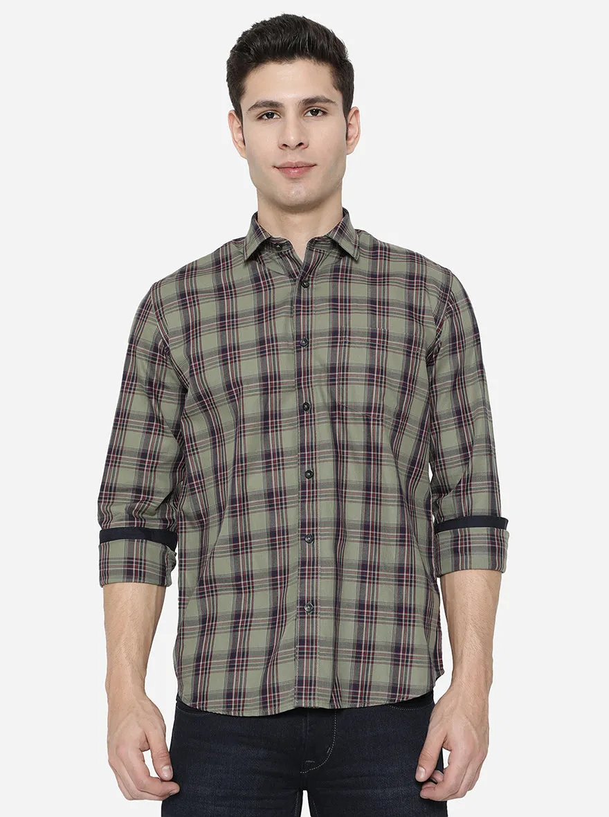 Lichen Green Checked Slim Fit Casual Shirt | Greenfibre