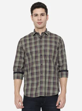 Lichen Green Checked Slim Fit Casual Shirt | Greenfibre