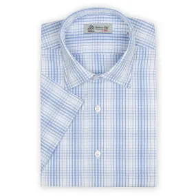 Light Blue Check Swiss Cotton Short Sleeve Shirt