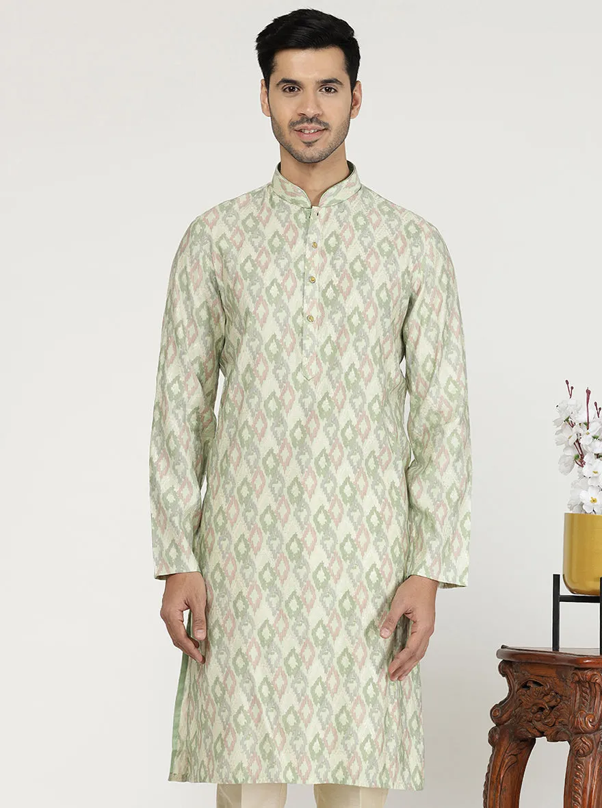Light Pista Printed Cotton Silk Blend Kurta for Men