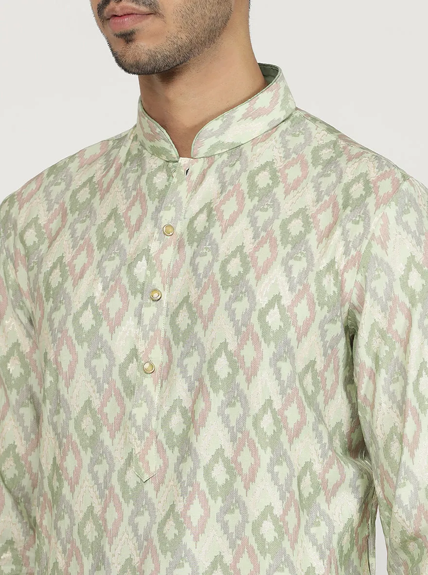 Light Pista Printed Cotton Silk Blend Kurta for Men