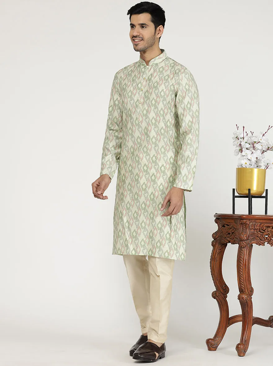 Light Pista Printed Cotton Silk Blend Kurta for Men