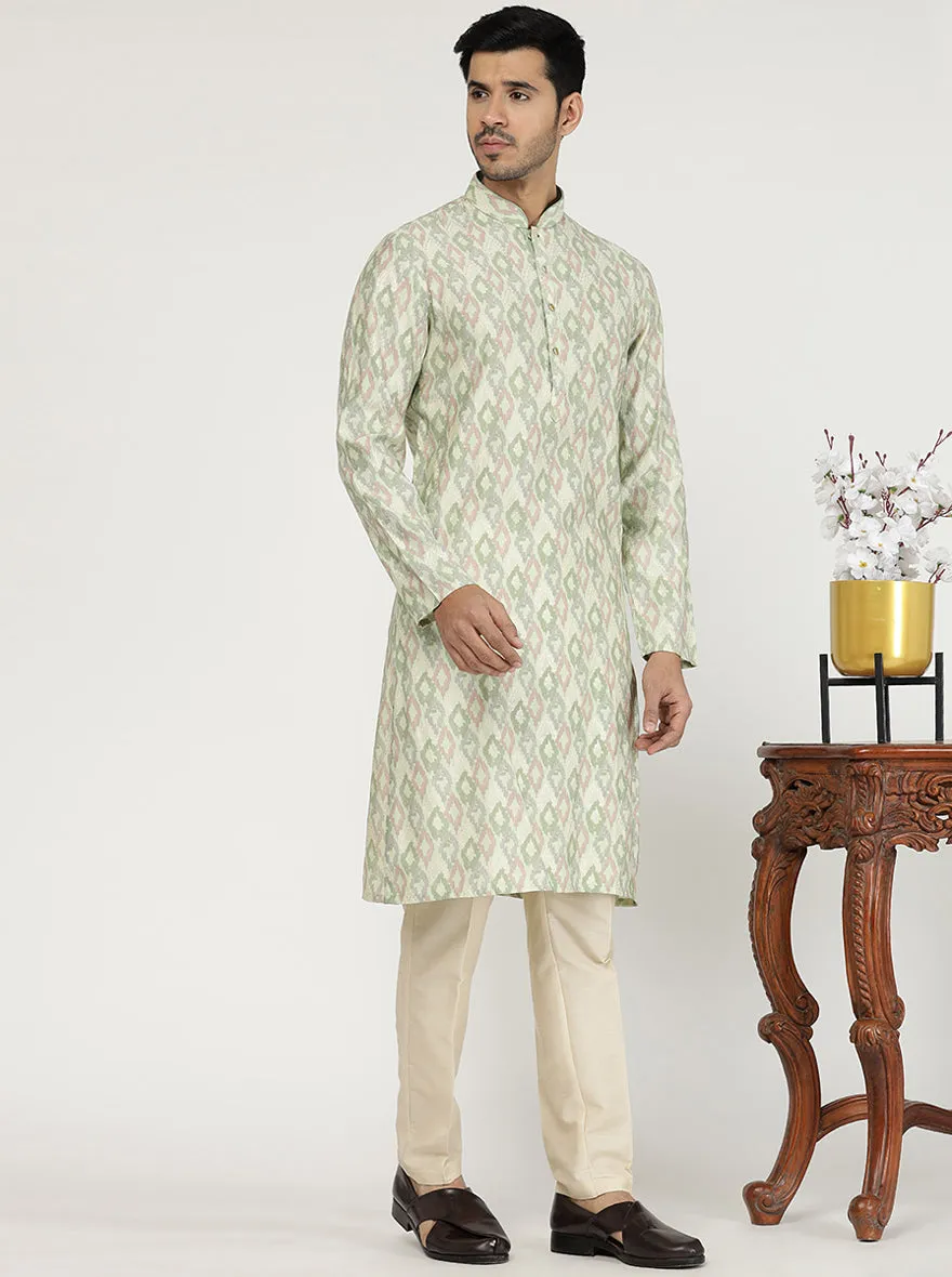 Light Pista Printed Cotton Silk Blend Kurta for Men