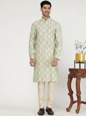 Light Pista Printed Cotton Silk Blend Kurta for Men