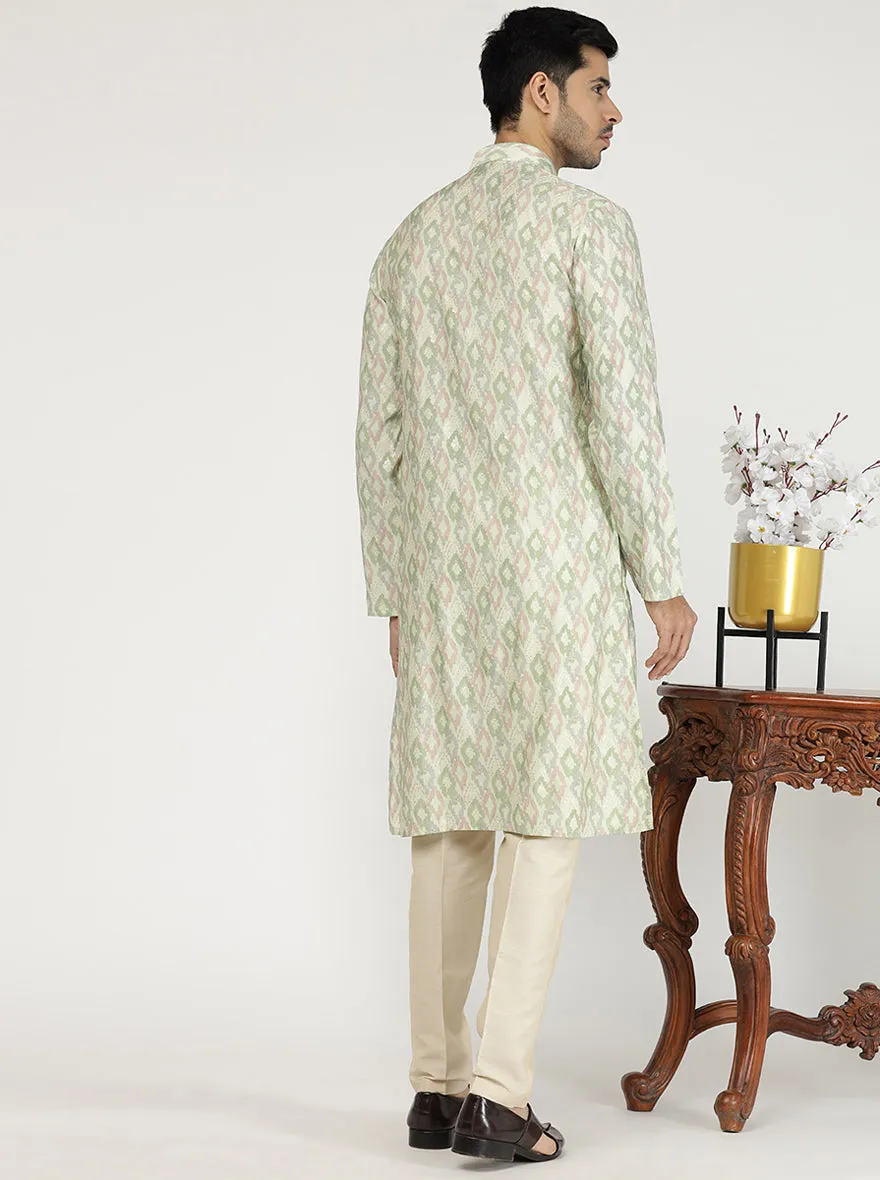 Light Pista Printed Cotton Silk Blend Kurta for Men