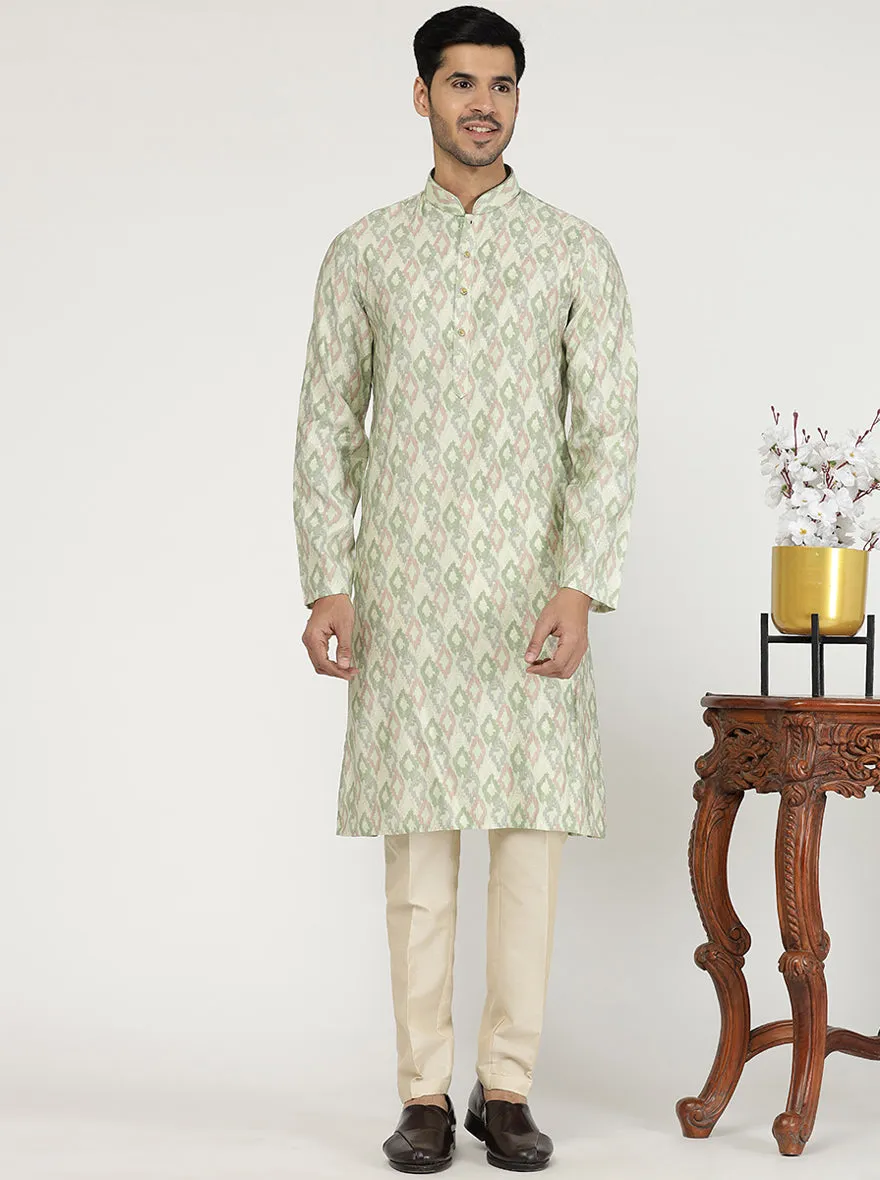 Light Pista Printed Cotton Silk Blend Kurta for Men