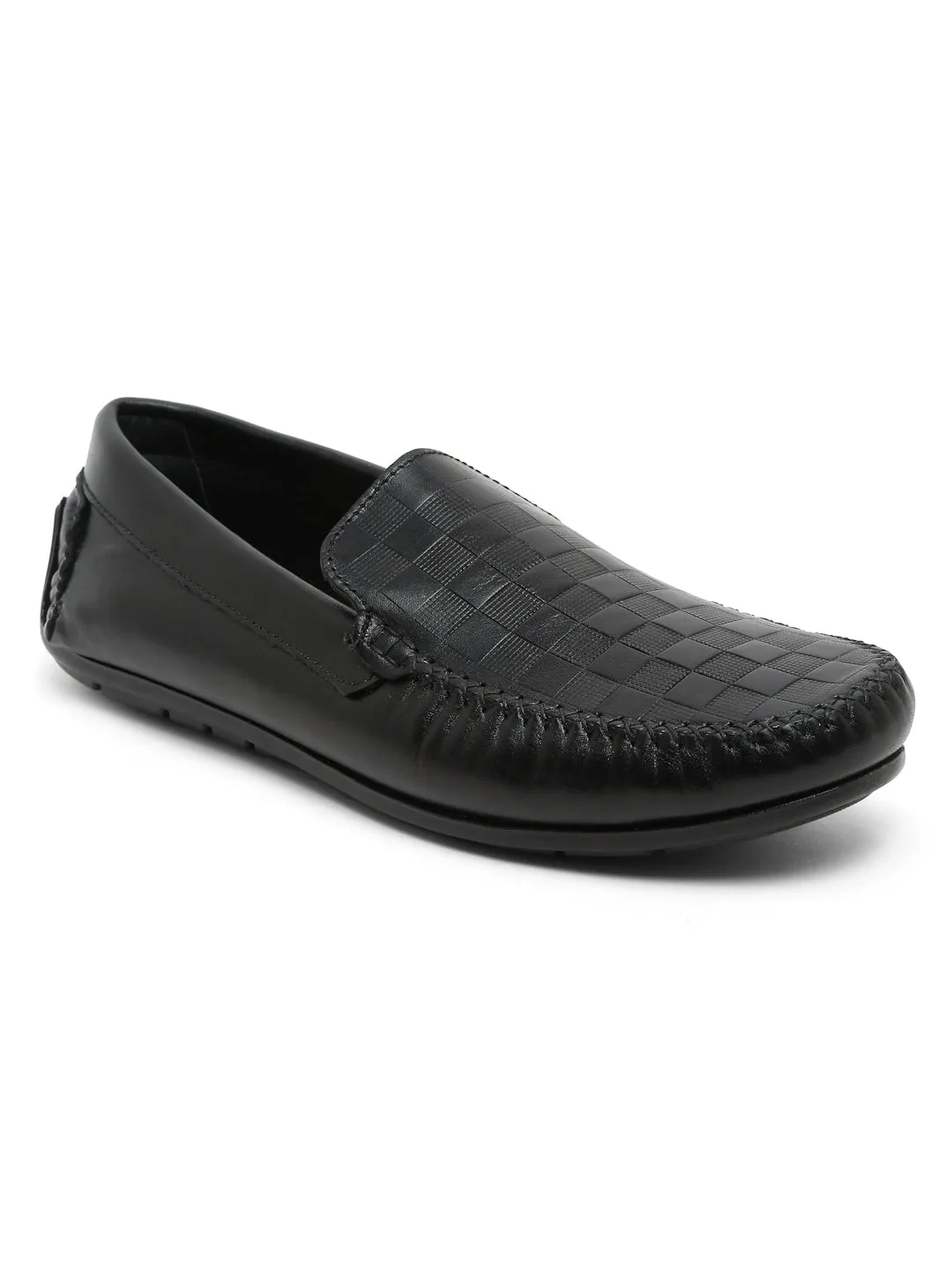 Men Black Texture Genuine Leather Loafers