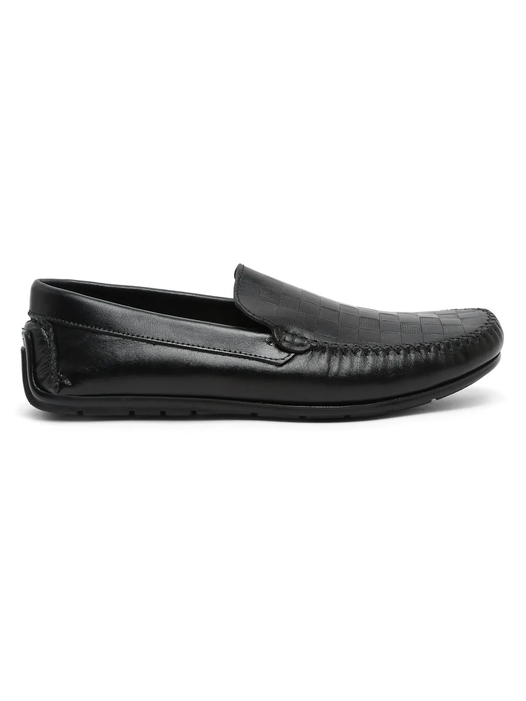 Men Black Texture Genuine Leather Loafers