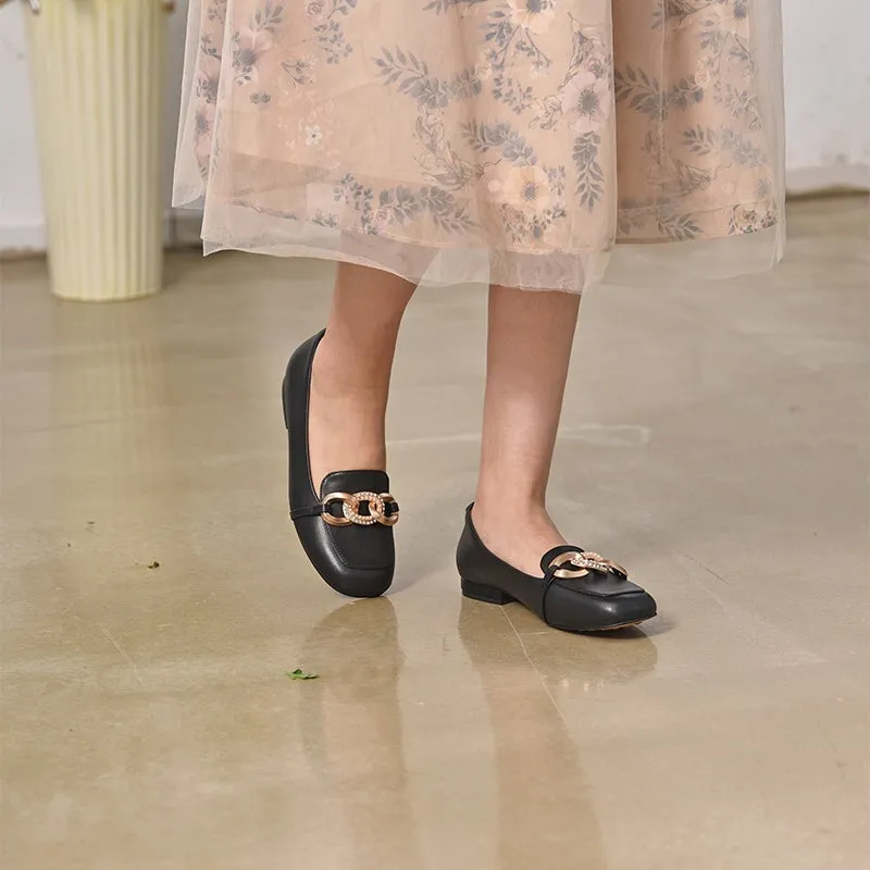 Metal Chain Detailed Leather Loafers for Women Black/Nude