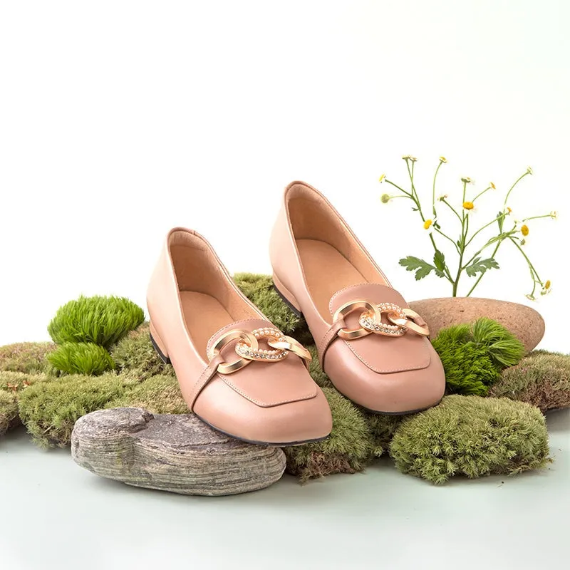 Metal Chain Detailed Leather Loafers for Women Black/Nude