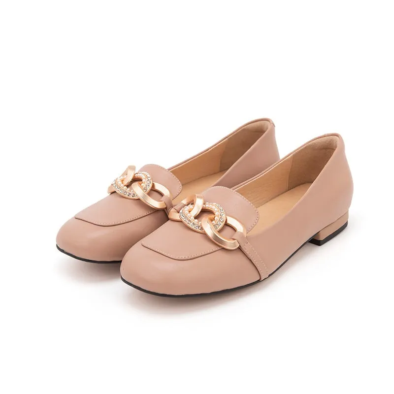 Metal Chain Detailed Leather Loafers for Women Black/Nude