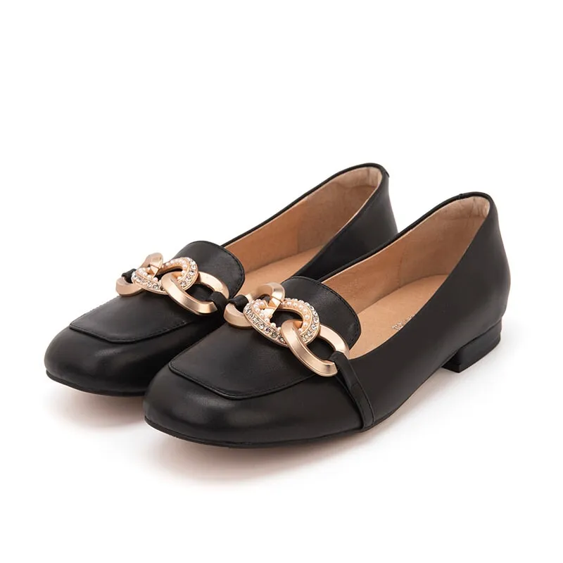 Metal Chain Detailed Leather Loafers for Women Black/Nude