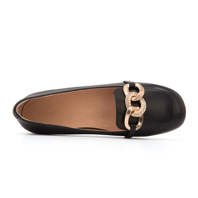 Metal Chain Detailed Leather Loafers for Women Black/Nude
