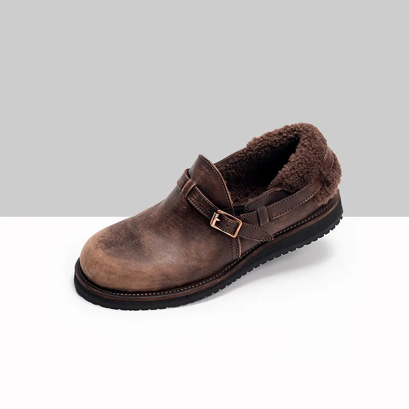 Middle English-Women's Handmade Full Grain Horse Leather Flat Loafers - Coffee/Dark Grey