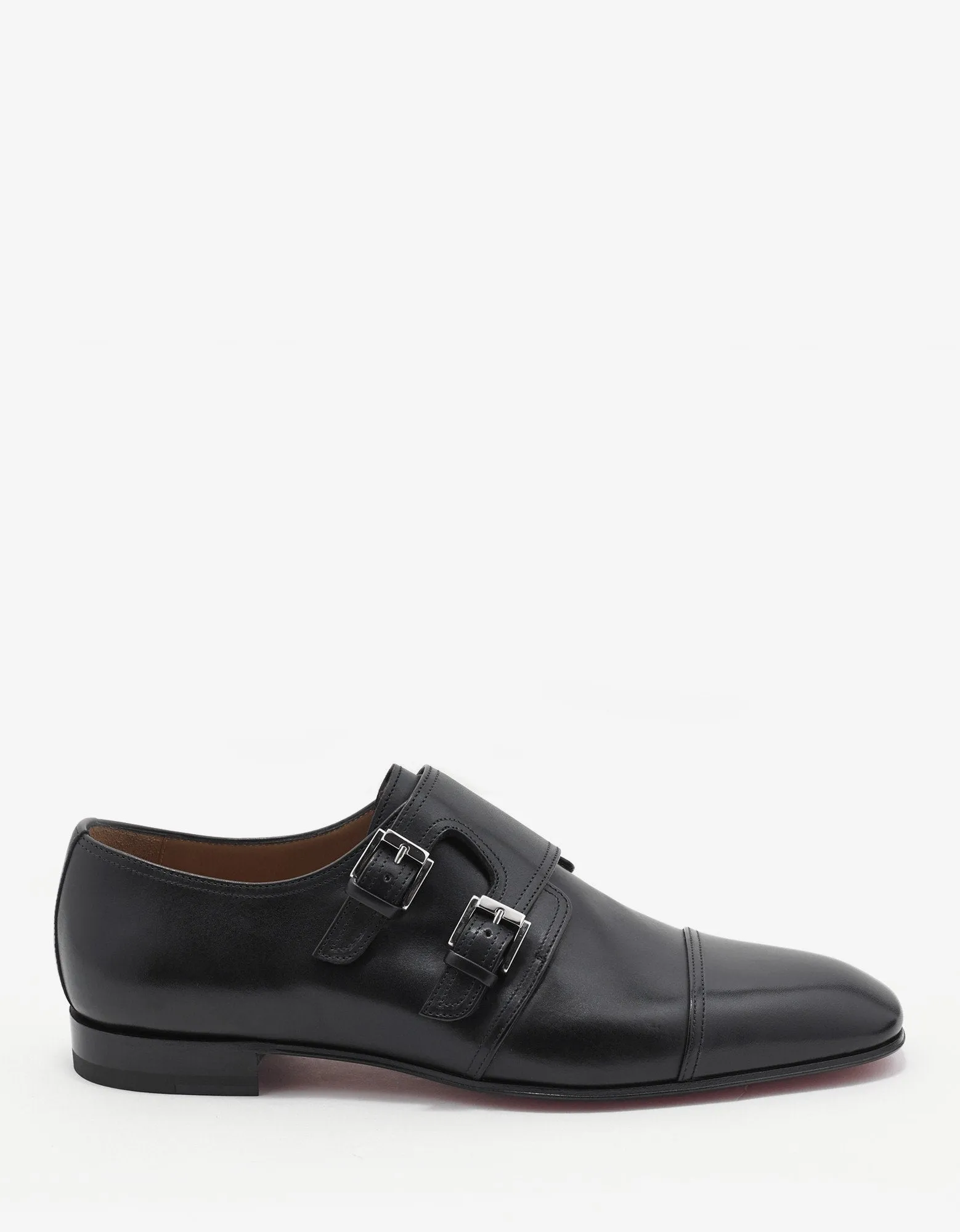 Mortimer Flat Black Leather Monk Strap Shoes