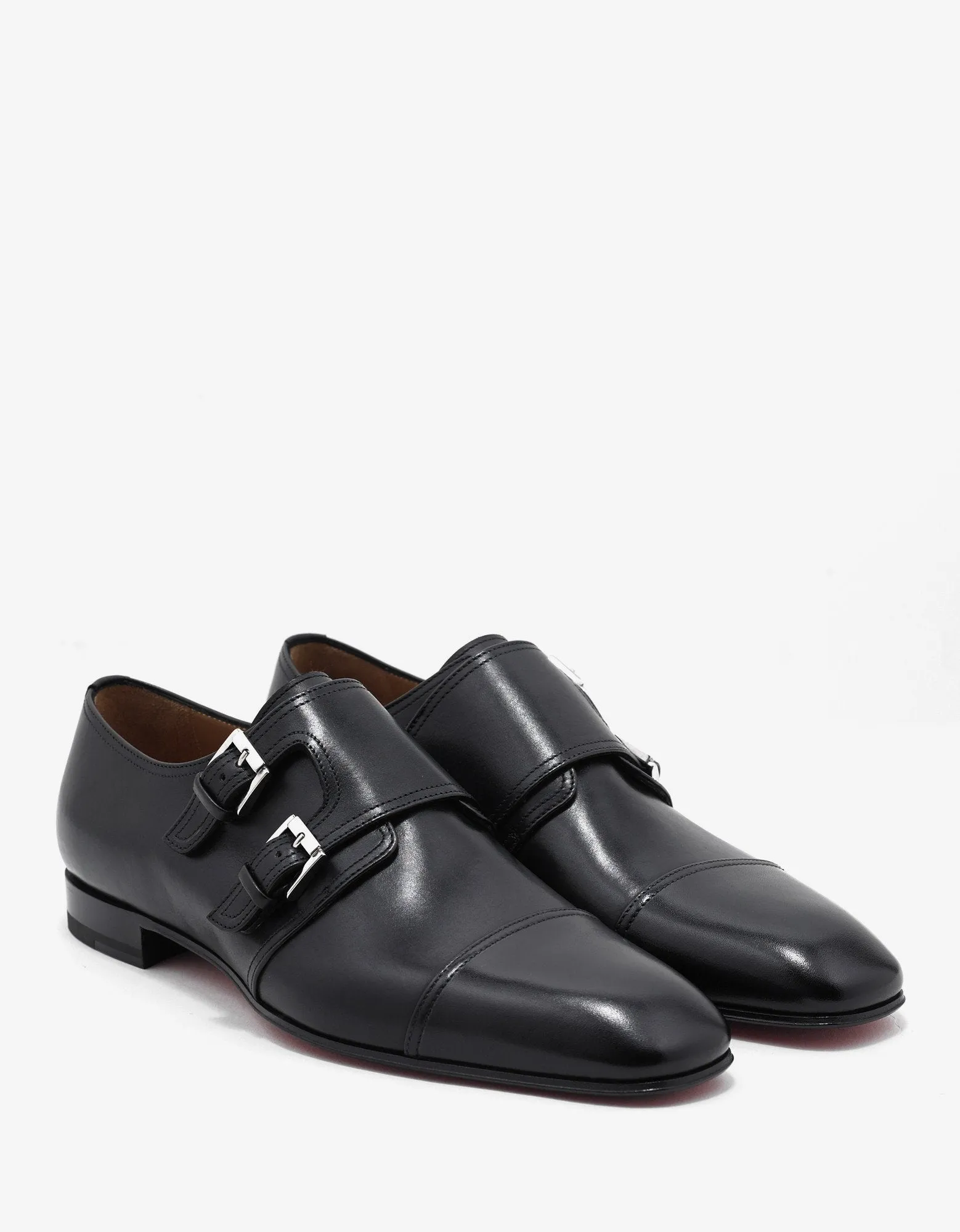 Mortimer Flat Black Leather Monk Strap Shoes