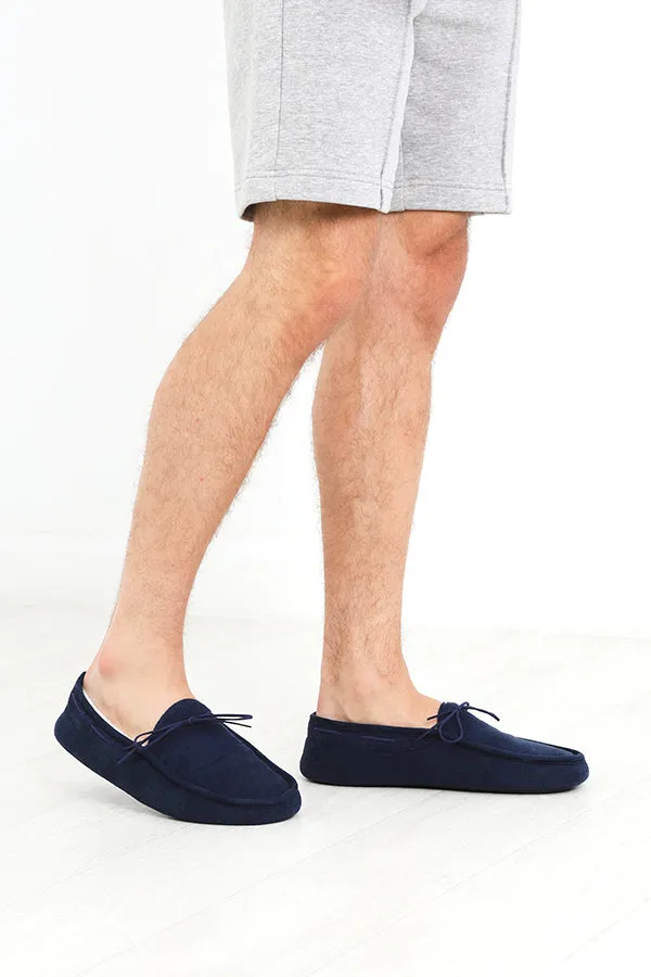 NAVY FAUX SUEDE FLEECE LINED LOAFER SLIPPERS