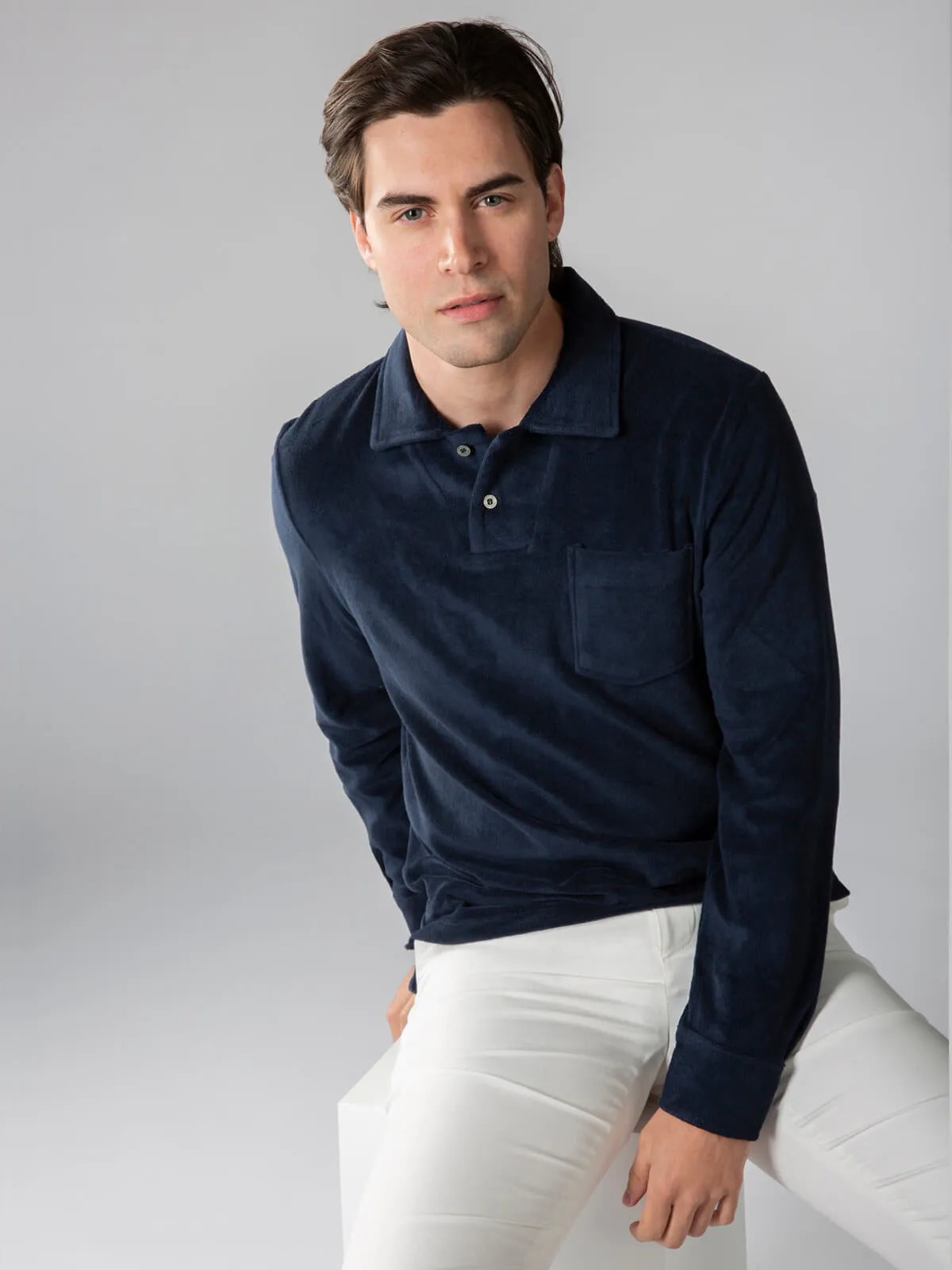 Navy Terry Towelling Longsleeve Polo
