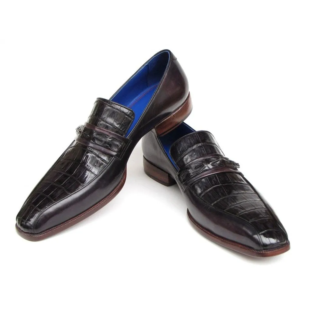 Paul Parkman Men's Black Genuine Crocodile & Purple Calfskin Loafers (ID#084-BLKPURP)