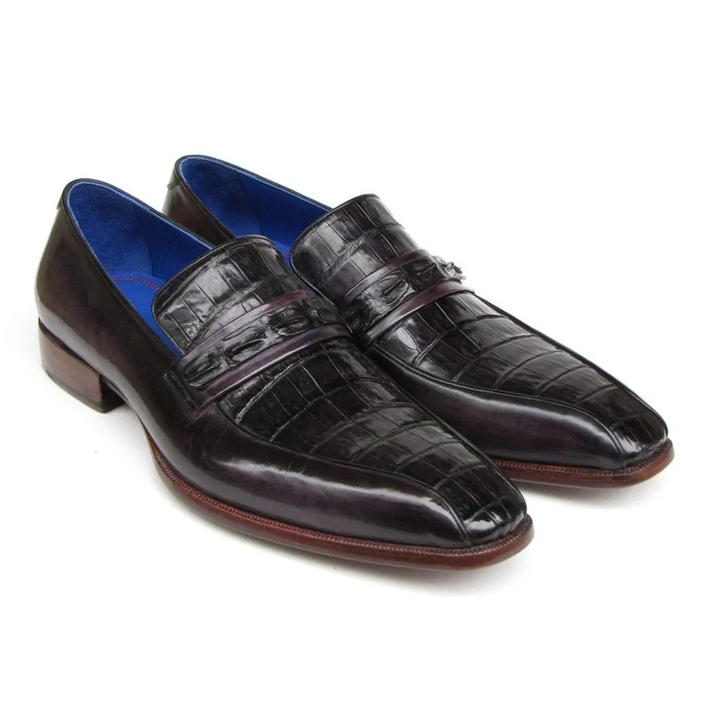Paul Parkman Men's Black Genuine Crocodile & Purple Calfskin Loafers (ID#084-BLKPURP)