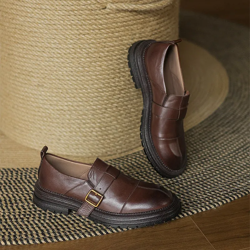 Preppy Style Leather Low Cutter Loafers with Buckle Soft in Coffee/Black