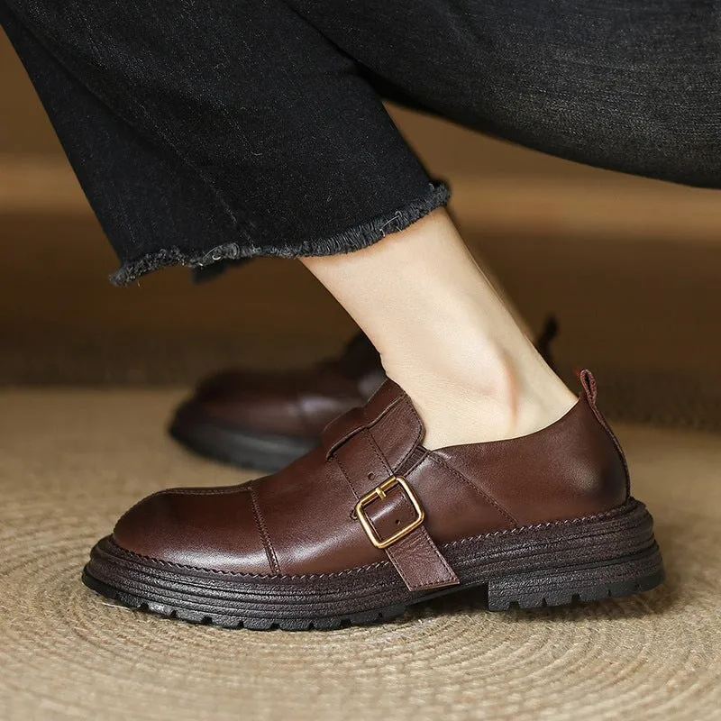 Preppy Style Leather Low Cutter Loafers with Buckle Soft in Coffee/Black