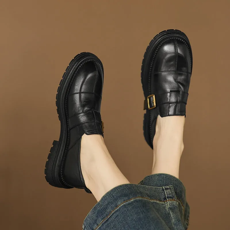 Preppy Style Leather Low Cutter Loafers with Buckle Soft in Coffee/Black