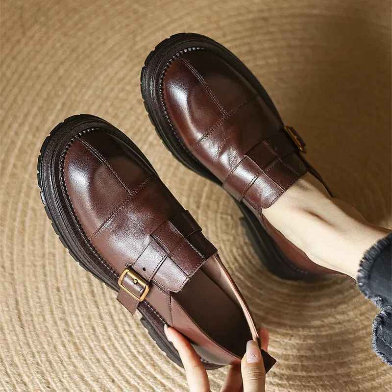 Preppy Style Leather Low Cutter Loafers with Buckle Soft in Coffee/Black