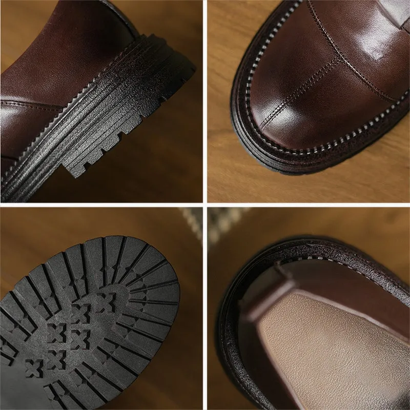 Preppy Style Leather Low Cutter Loafers with Buckle Soft in Coffee/Black